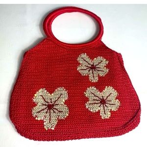 Boho Crochet Knit Red Hobo Purse Bag Handbag Sack Hibiscus Hippie Sequins